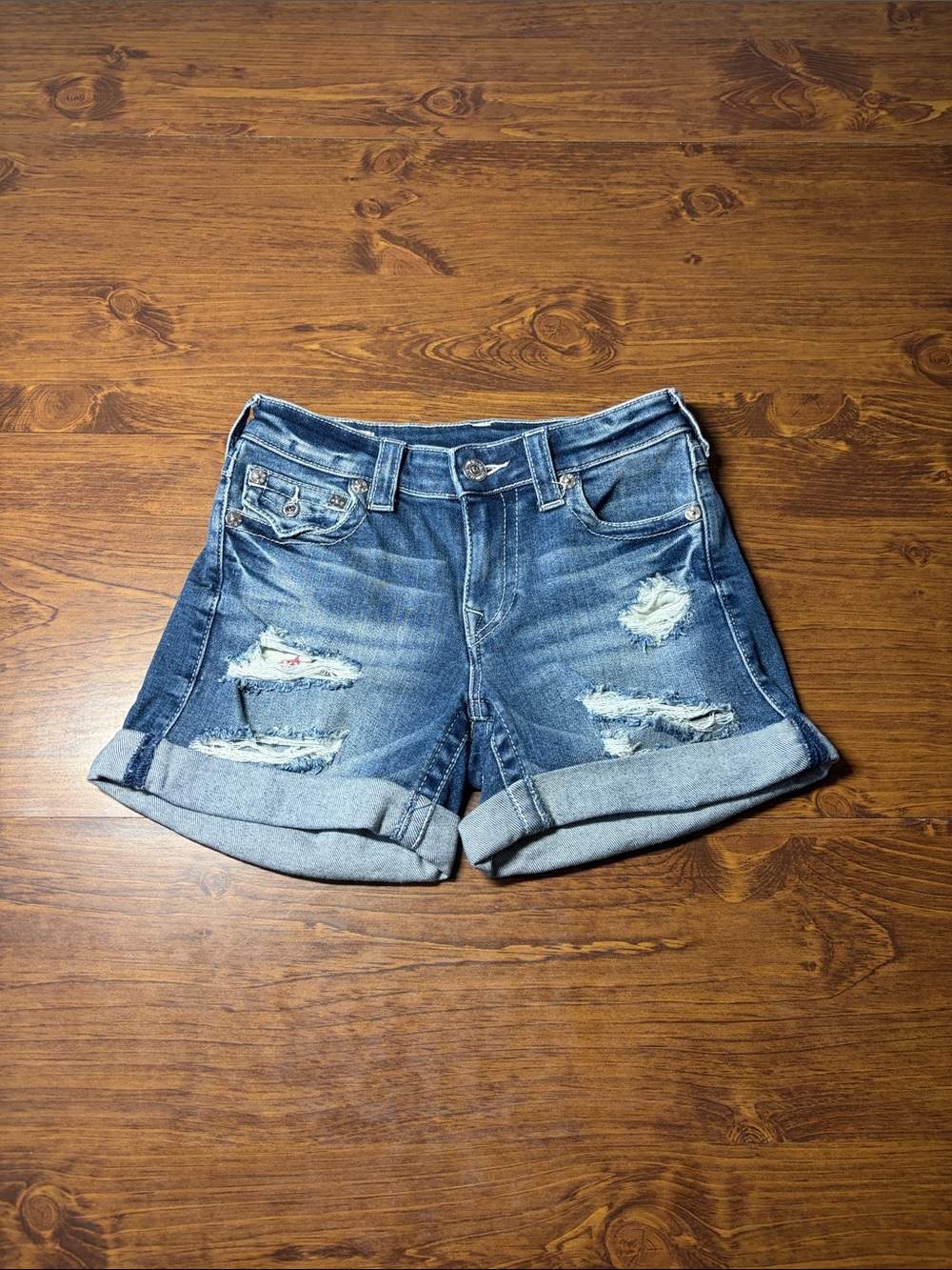 True Religion Women's Distressed Rolled Cuff Denim Shorts - Medium Blue